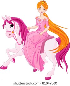 Beautiful princess with pink dress riding horse