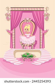 A beautiful princess in a pink dress sits on a throne decorated with pink heart-shaped gems. Interior of the princess's castle. Vector illustration of a fairytale throne room interior.