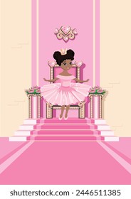 A beautiful princess in a pink dress sits on a throne decorated with pink heart-shaped gems. Interior of the princess's castle. Vector illustration of a fairytale throne room interior.