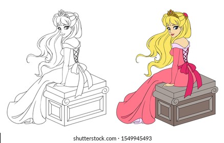 Beautiful princess in pink dress sitting with long blonde hair. Color and outlined picture for coloring book on white background. Hand drawn cartoon vector illustration. 