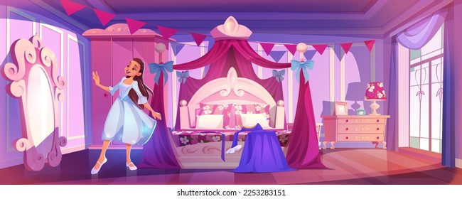 Schöne Prinzessin im rosafarbenen königlichen Schlafzimmer. Vektorgrafik-Illustration der hübschen jungen Frau in elegantem Kleid, das im Spiegel lächelt. Vintage-Zimmer-Interieur mit Retro-Möbeln, Bett, Kleiderschrank, Garderobe