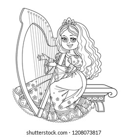 Beautiful princess playing the celtic harp outlined picture for coloring book on white background