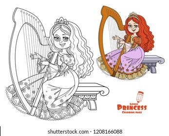 Beautiful princess playing the celtic harp color and outlined picture for coloring book on white background