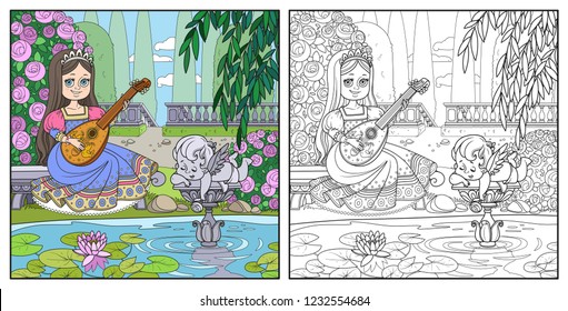 Beautiful princess plays the lute in the palace park near the pond with a sculpture of Cupid color and outlined picture for coloring book on white background
