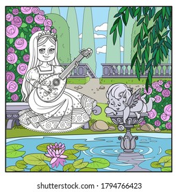 Beautiful princess plays the lute in the palace park near the pond  page for coloring 