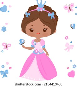 A beautiful princess with a pretty pink dress and butterflies. Vector illustration set.