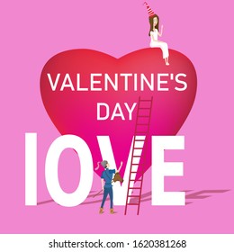 Beautiful Princess and Prince romantic scene Valentines day. Big Heart stairs Prince with crown with sword and Princess on top heart. Vector illustration isolated