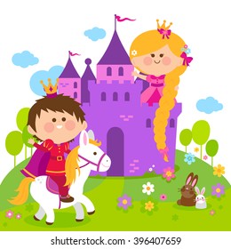 Beautiful princess Rapunzel with long hair at a castle, and a prince riding a horse. Vector illustration