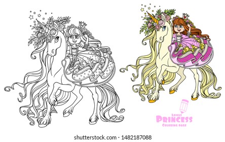 Beautiful princess rides on the back of a unicorn in a wreath of roses color and outlined picture for coloring book on white background