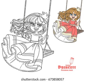Beautiful princess riding on a swing  color and outlined picture for coloring book on white background
