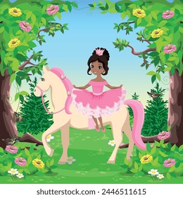 A beautiful princess riding a white horse with a pink mane walks in a fairy forest. Fairy tale vector illustration on the background of a beautiful landscape.