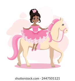 A beautiful princess riding a white horse with a pink mane. Fairy tale vector illustration on pink abstract background.