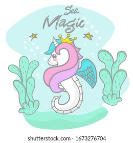 Beautiful princess seahorse among the stars. Unicorn. For design, prints, posters and so on. Vector.