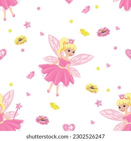 Beautiful princess seamless pattern in cartoon style. Vector background with cute fairies, flowers and butterflies.