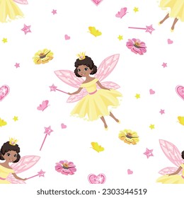 Beautiful princess seamless pattern in cartoon style. Vector background with cute fairies, flowers and butterflies.