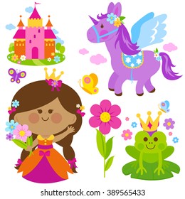 Beautiful princess set with spring flowers, unicorn, a magical frog, castle and butterflies. Vector illustration.