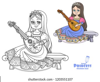 Beautiful princess sits on a bench and plays the lute color and outlined picture for coloring book on white background