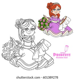 Beautiful princess sitting on a bench near a bush of roses and embroiders color and outlined picture for coloring book on white background