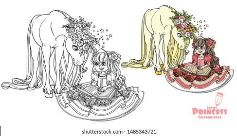 Beautiful princess sitting and reading a book to a magical unicorn color and outlined picture for coloring book on white background