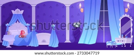 Beautiful princess sleeps with cat on the bed in royal bedroom. Princess room at night vector flat illustration. Medieval castle interior with furniture, mirror, window with curtains, vase with flower