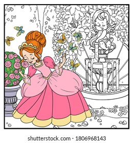 Beautiful princess sniffs a rose flowe in park with a cupid pouring water from a jug a fountain outlined for coloring page