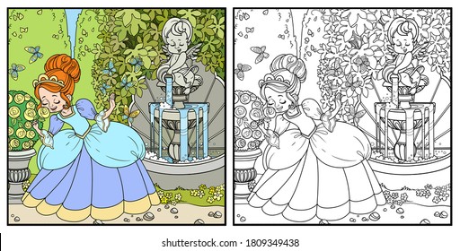 Beautiful princess sniffs a rose flower in park with a cupid pouring water from a jug a fountain color and outlined for coloring page