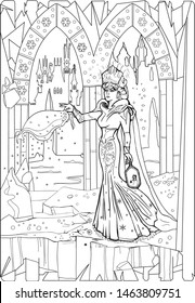 Beautiful princess,  the Snow Queen.  Black and white coloring pagein a snowy landscape with a castle.