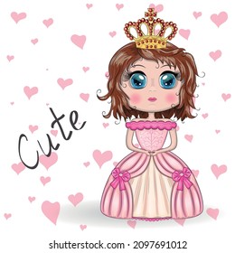 Beautiful princess standing in beautiful long pink dress