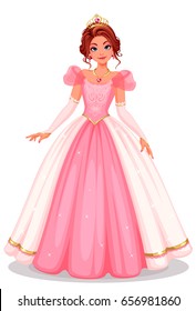 Beautiful princess standing in beautiful long pink dress vector illustration