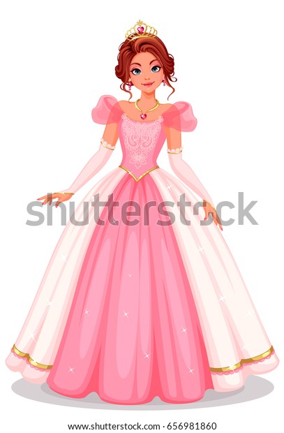 Beautiful princess standing in beautiful\
long pink dress vector\
illustration