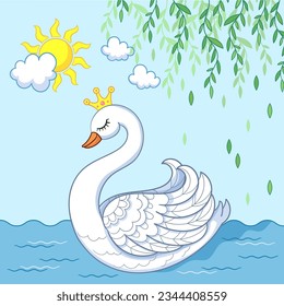 Un hermoso cisne de princesa con una corona flota en el río. Tema de cuento de hadas. Para el diseño infantil de impresiones, carteles, tarjetas, rompecabezas. Ilustración vectorial al estilo de las caricaturas.