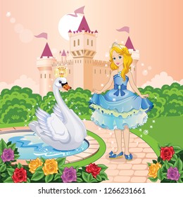 Beautiful princess and swan in the garden. Wonderland. Children's illustration.