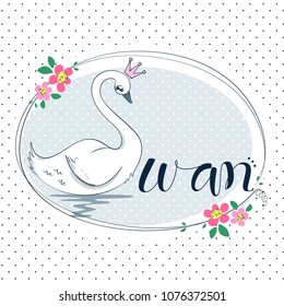 Beautiful princess swan in oval frame on polka dot background illustration vector.