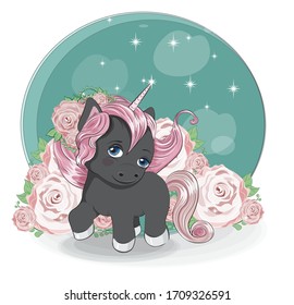 beautiful princess unicorn with wings in magic white flower garden. Picture in hand drawing cartoon style, for t-shirt wear fashion print design, greeting card, postcard. baby shower. party invitation