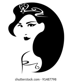 beautiful princess vector illustration - black and white outline of a female face with long hair and crown