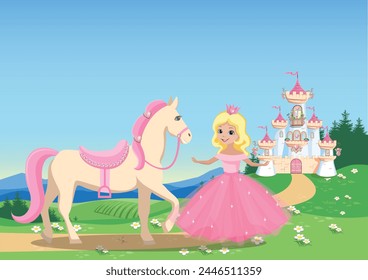 Una hermosa princesa camina cerca del castillo con un caballo blanco con una melena rosa. Ilustración vectorial de cuento de hadas sobre el fondo de un hermoso paisaje.