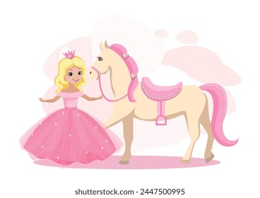 A beautiful princess walks with a white horse with a pink mane. Fairy tale vector illustration on pink abstract background.