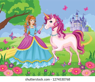 Beautiful Princess with white unicorn. Cute fairy. Fairytale background with flower meadow, castle, rainbow. Wonderland. Magical landscape. Children's cartoon illustration. Romantic story. Vector. 