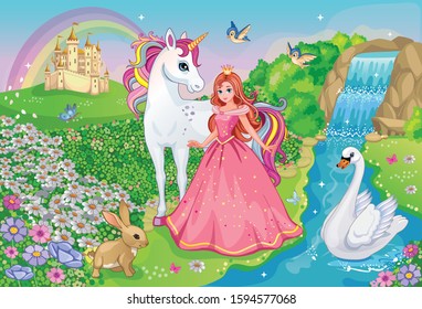 Beautiful Princess with white unicorn and Swan. Fairytale background with flower meadow, castle, rainbow, lake. Wonderland. Magical landscape. Children's cartoon illustration. Romantic story. Vector.