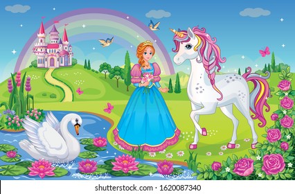 Beautiful Princess with white unicorn and Swan. Fairytale background with flower meadow, castle, rainbow, lake. Wonderland. Magical landscape. Children's cartoon illustration. Romantic story. Vector.