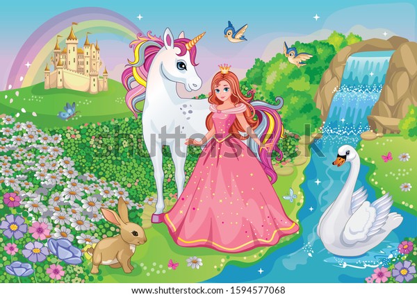 Beautiful Princess with white unicorn and Swan. Fairytale background with flower meadow, castle, rainbow, lake. Wonderland. Magical landscape. Children's cartoon illustration. Romantic story. Vector.