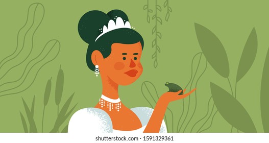 Beautiful princess woman holding frog in hand with disgust. Funny fairy tale concept of love or romantic relationship rejection in modern flat cartoon style.