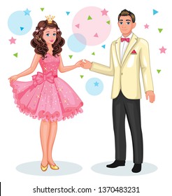 A beautiful Princess and a young man. Dance at the prom. Isolated cartoon illustration. School ball or carnival. Celebration of the event.  A group of teenagers or friends. Dance competition. Vector.