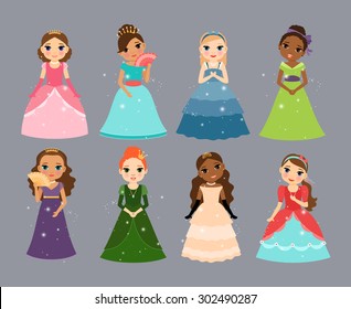 Beautiful princesses. Cute little fairy or queen characters vector illustration set