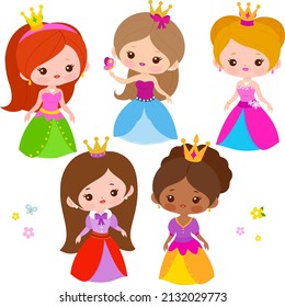Beautiful princesses with pretty dresses. Vector illustration set