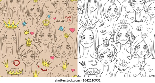 Beautiful princesses seamless pattern set. Vector illustration