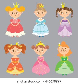  ?ollection of beautiful princesses. Set of pretty lady. Vector illustration