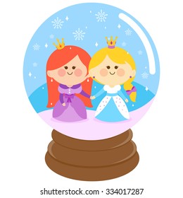 Beautiful princesses in a snow globe. Vector illustration.