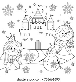 Beautiful princesses in a winter landscape with a castle and a snowman. Vector black and white coloring page.