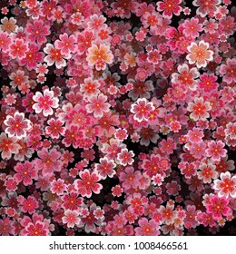Beautiful print with blossoming dark and light pink sakura flowers. Deep 3d effect on black vector illustration